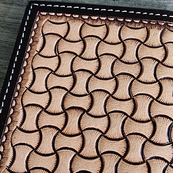Country Western Floral Tooled Geometric Leather Rodeo Wallet Rawhide Buck Stitch - Picture 5 of 7
